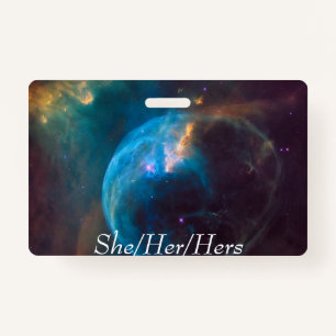 Space double sided pronoun badge (she/her/hers)