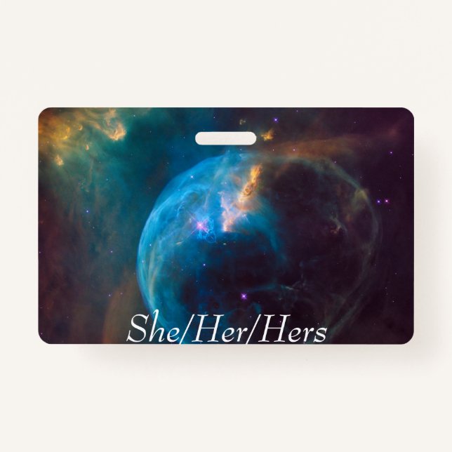Space double sided pronoun badge (she/her/hers) (Front)