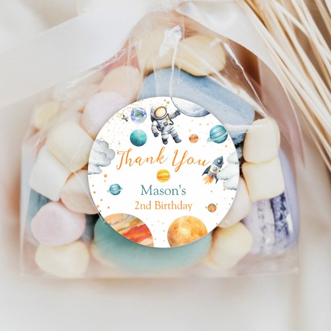 Space Explorer Thank You Birthday Astronaut Planet Classic Round Sticker (Creator Uploaded)
