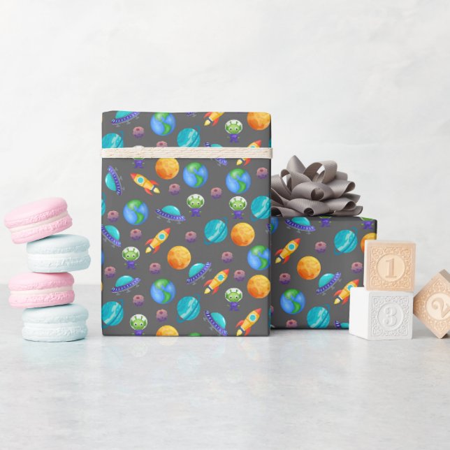 Space Explorers on Dark Grey Wrapping Paper (Baby Shower)