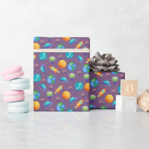 Space Explorers on Grayish Purple Wrapping Paper