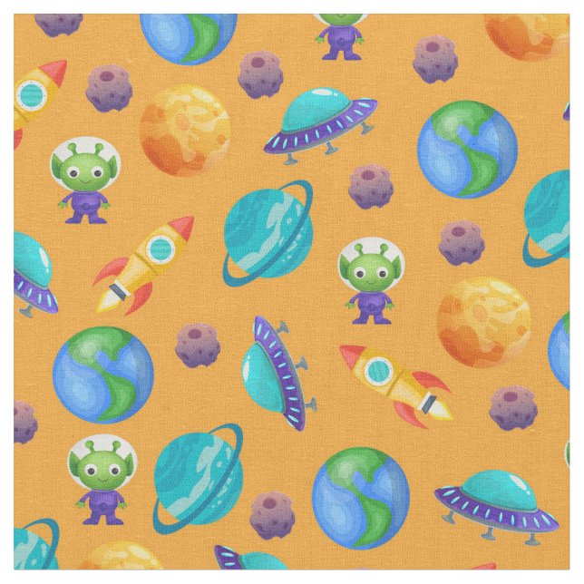 Space Explorers on Merigold Orange Fabric (Close Up)