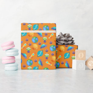 Space Explorers on Orange Wrapping Paper