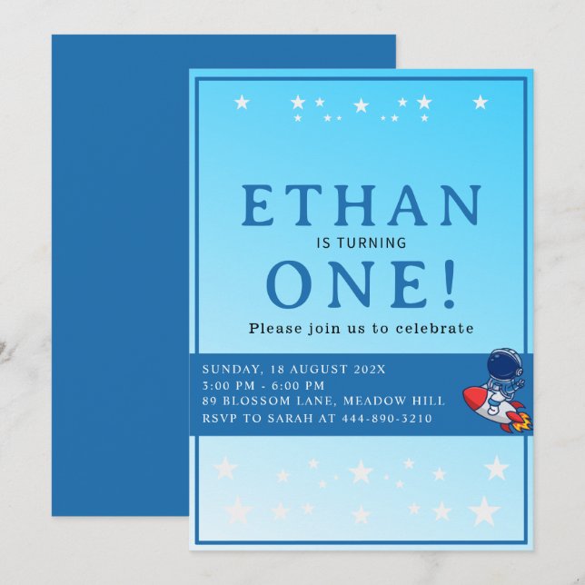 Space First Birthday Invitation – Astronaut Party (Front/Back)