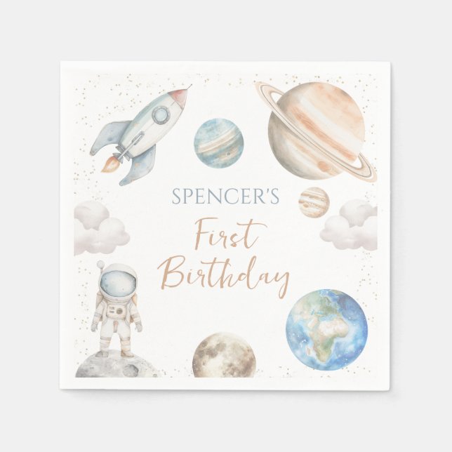 Space First Trip Around Sun Boy 1st Birthday Napkin (Front)