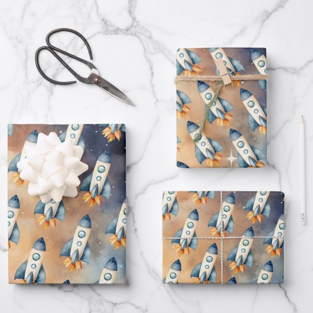 Space First Trip Around The Sun Birthday Rocket Wrapping Paper Sheet (Front)