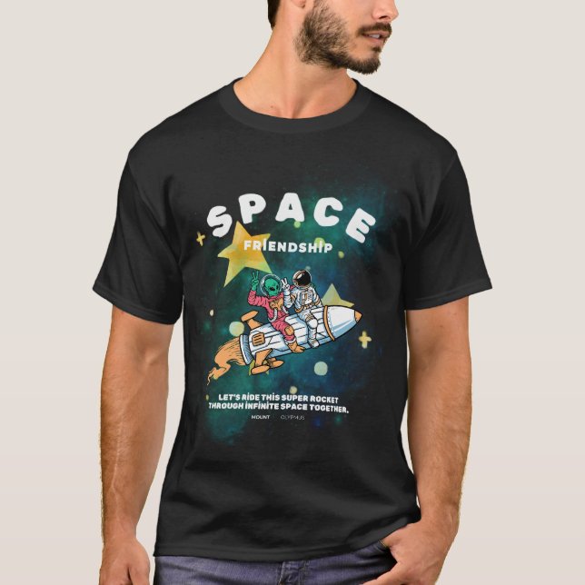 Space Friendship: Astronaut and Alien on a Rocket  T-Shirt (Front)