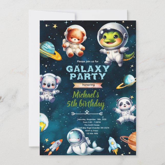 Space galaxy animals birthday theme invitation (Front)