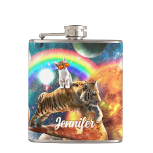 Space Galaxy Cat Riding Tiger on Pizza             Hip Flask