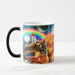 Space Galaxy Cat Riding Tiger on Pizza Magic Mug
