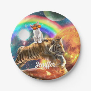 Space Galaxy Cat Riding Tiger on Pizza             Paper Plate