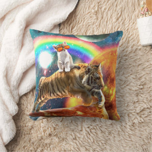 Space Galaxy Cat Riding Tiger on Pizza Throw Pillow