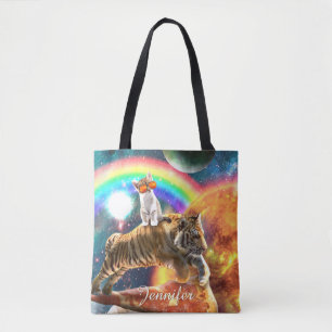 Space Galaxy Cat Riding Tiger on Pizza             Tote Bag