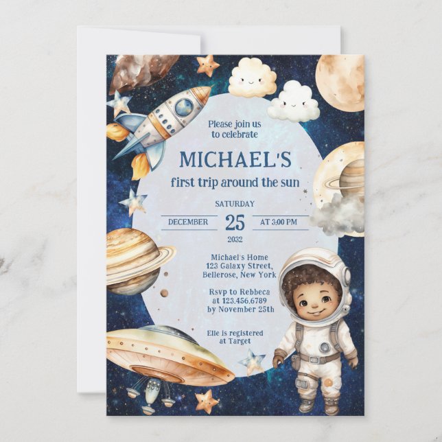Space Galaxy First Trip Around the Sun Birthday Invitation (Front)