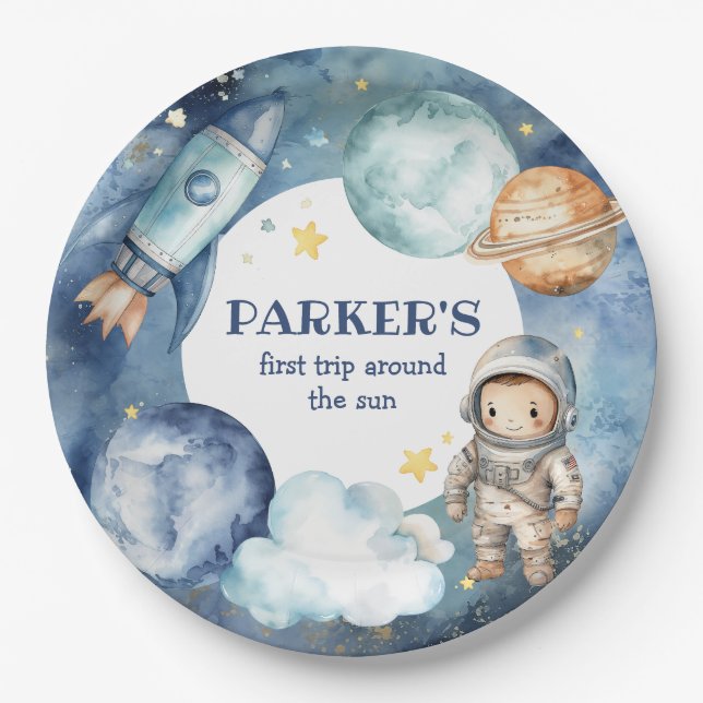 Space Galaxy First Trip Around the Sun Birthday Paper Plate (Front)