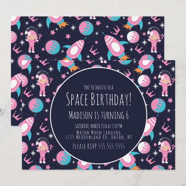 Space Galaxy Pink Princess Astronaut Birthday Invitation (Front/Back)