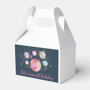 Space Galaxy Planets Moon Stars Navy Pink Gold Favor Box