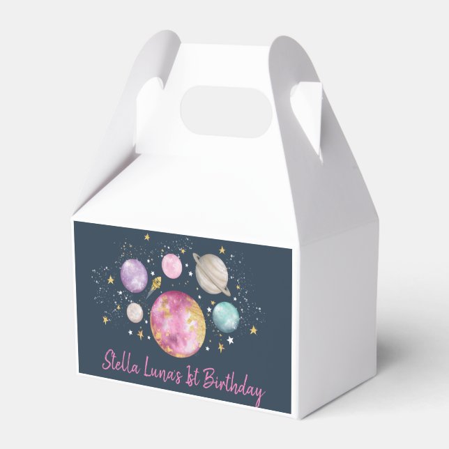 Space Galaxy Planets Moon Stars Navy Pink Gold Favor Box (Front Side)