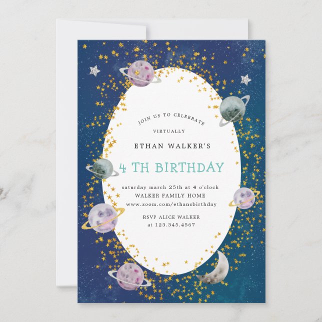 space galaxy virtual birthday party invitation (Front)
