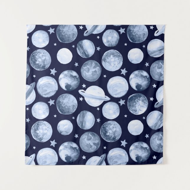 Space Galaxy: Watercolor Planetary Illustration Tapestry (Front)