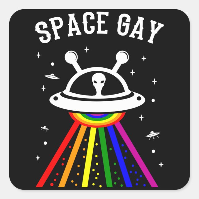 SPACE GAY LGBT Pride Month Alien UFO Rainbow Flag Square Sticker (Front)