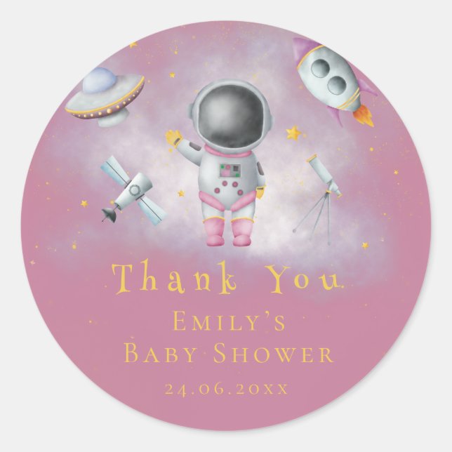 Space girl Astronaut pink rocket stars Baby Shower Classic Round Sticker (Front)