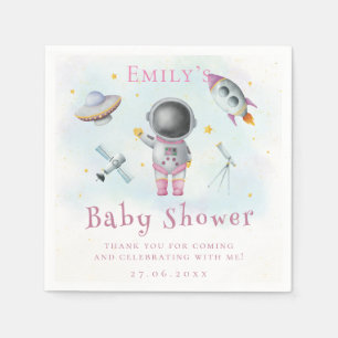 Space girl Astronaut pink rockets star Baby Shower Napkin