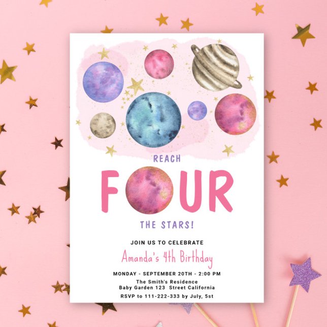 Space Girl Fourth Birthday Star Party Invitation (Creator Uploaded)