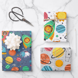 Space Hippo And Lion Planet Pattern Wrapping Paper Sheet