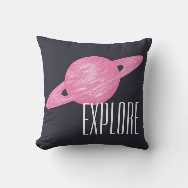 Space Illustration of Saturn Pink Blue Explore Throw Pillow (Front)