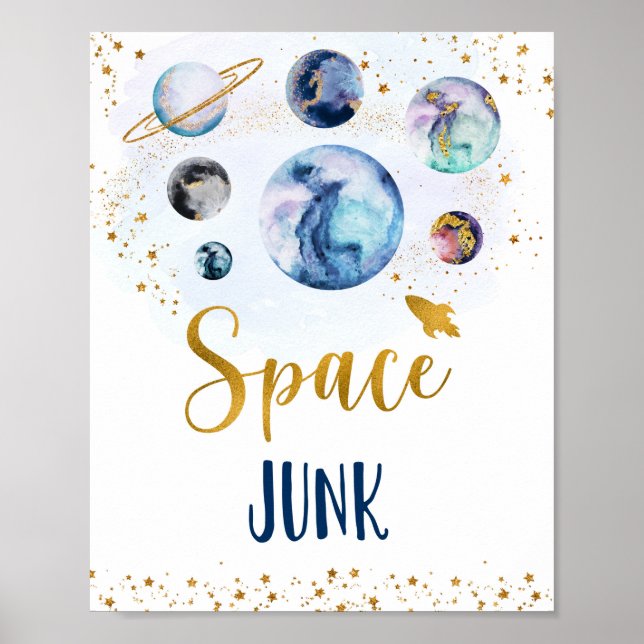 Space Junk Galaxy Blue Gold Birthday Snack Sign (Front)