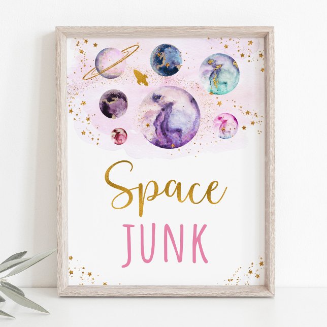Space Junk Pink Gold Snacks Birthday Sign (Creator Uploaded)