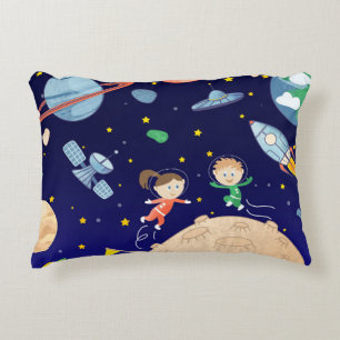 Space kids moon landing spaceship satellite stars  accent pillow