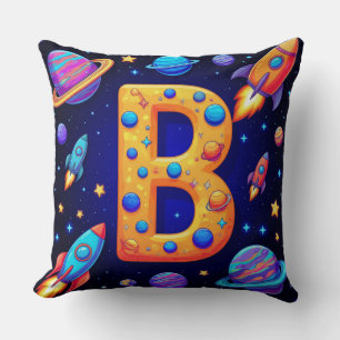 🚀 Space Letter B Rockets Planets Stars Kids 🚀 Throw Pillow