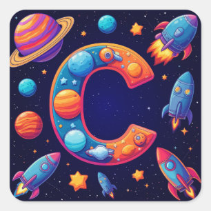 🚀 Space Letter C Rockets Planets Stars Kids 🚀 Square Sticker