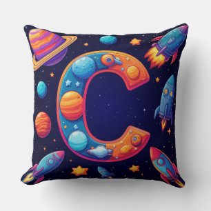 🚀 Space Letter C Rockets Planets Stars Kids 🚀 Throw Pillow