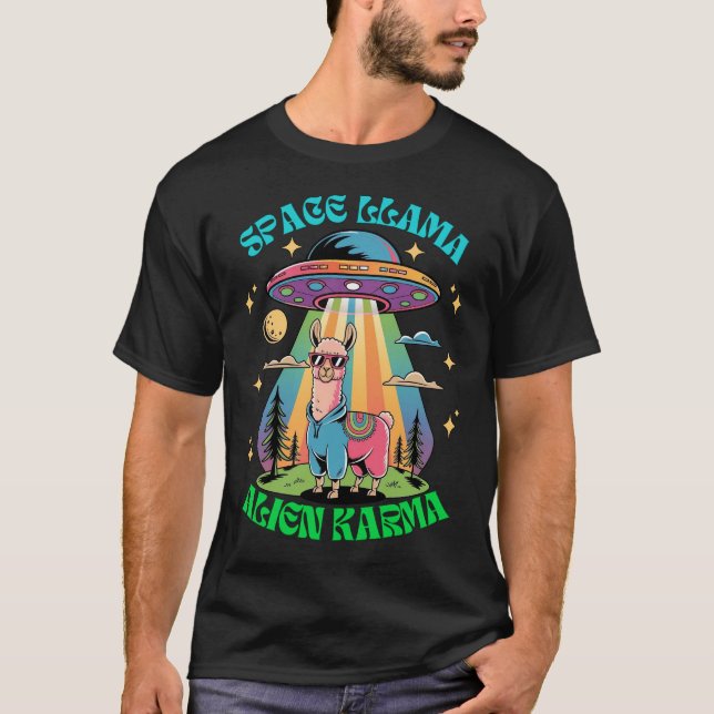 Space Llama Alien Karma, Funny Llama UFO Retro T-Shirt (Front)