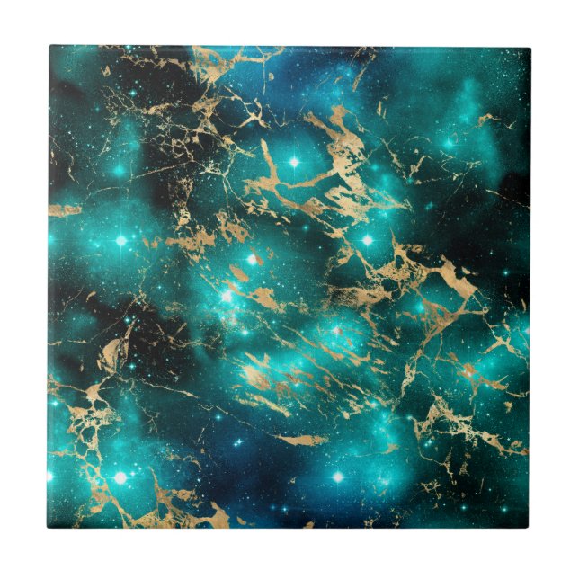 Space Marble Black Green Starry Night Golden Tile (Front)