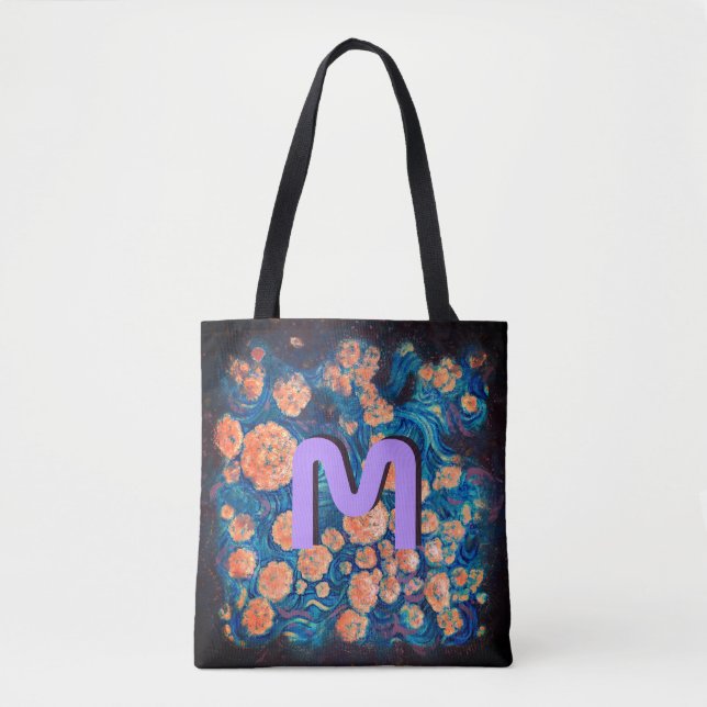 Space Mimosa Golden Nebula Blossom & Monogram Tote Bag (Front)