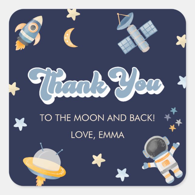 Space Moon and Stars Birthday Thank You Square Sticker (Front)