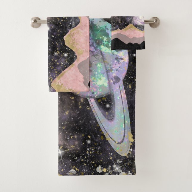 Space Mountains Gold Starry Sky Galaxy Planets Bath Towel Set (Insitu)