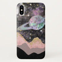 Space Mountains Gold Starry Sky Galaxy Planets