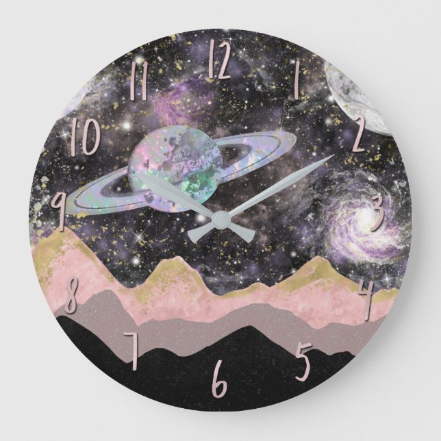 Space Mountains Gold Starry Sky Galaxy Planets Large Clock (Front)