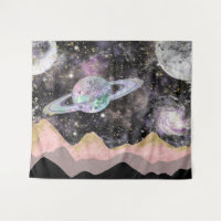 Space Mountains Gold Starry Sky Galaxy Planets