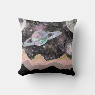 Space Mountains Gold Starry Sky Galaxy Planets Throw Pillow