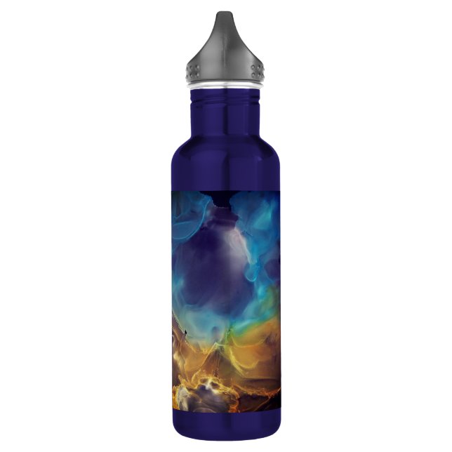 Space Nebula blue yellow Alcohol ink art  710 Ml Water Bottle (Left)