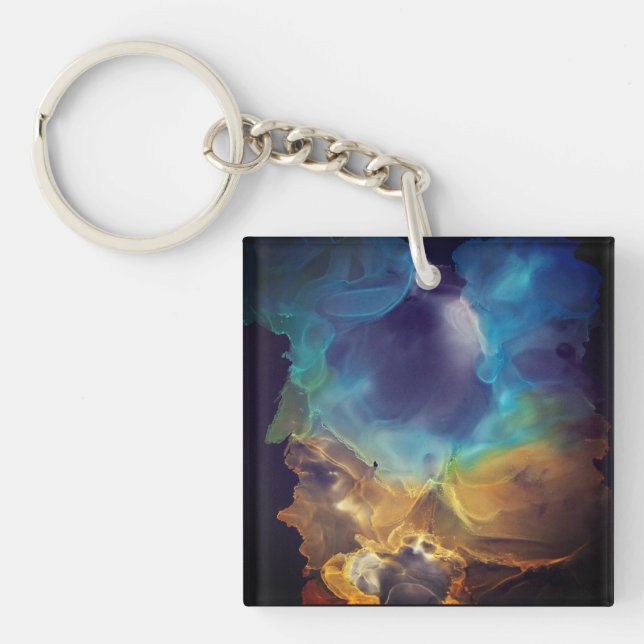 Space Nebula blue yellow Alcohol ink art  Keychain (Front)