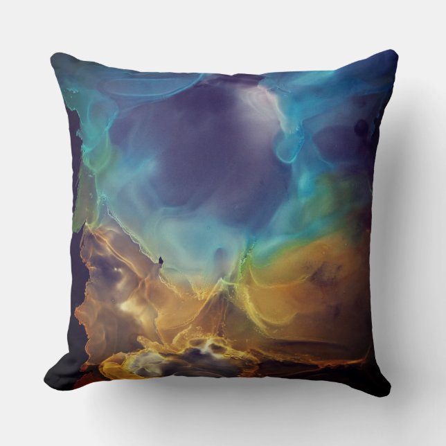 Space Nebula blue yellow Alcohol ink art  Throw Pillow (Front)