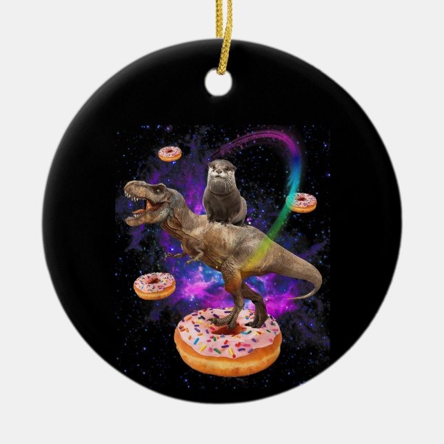 Space Otter Riding Dinosaur T-Rex Doughnuts Ceramic Ornament (Front)