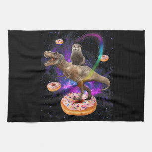 Space Otter Riding Dinosaur T-Rex Doughnuts Kitchen Towel